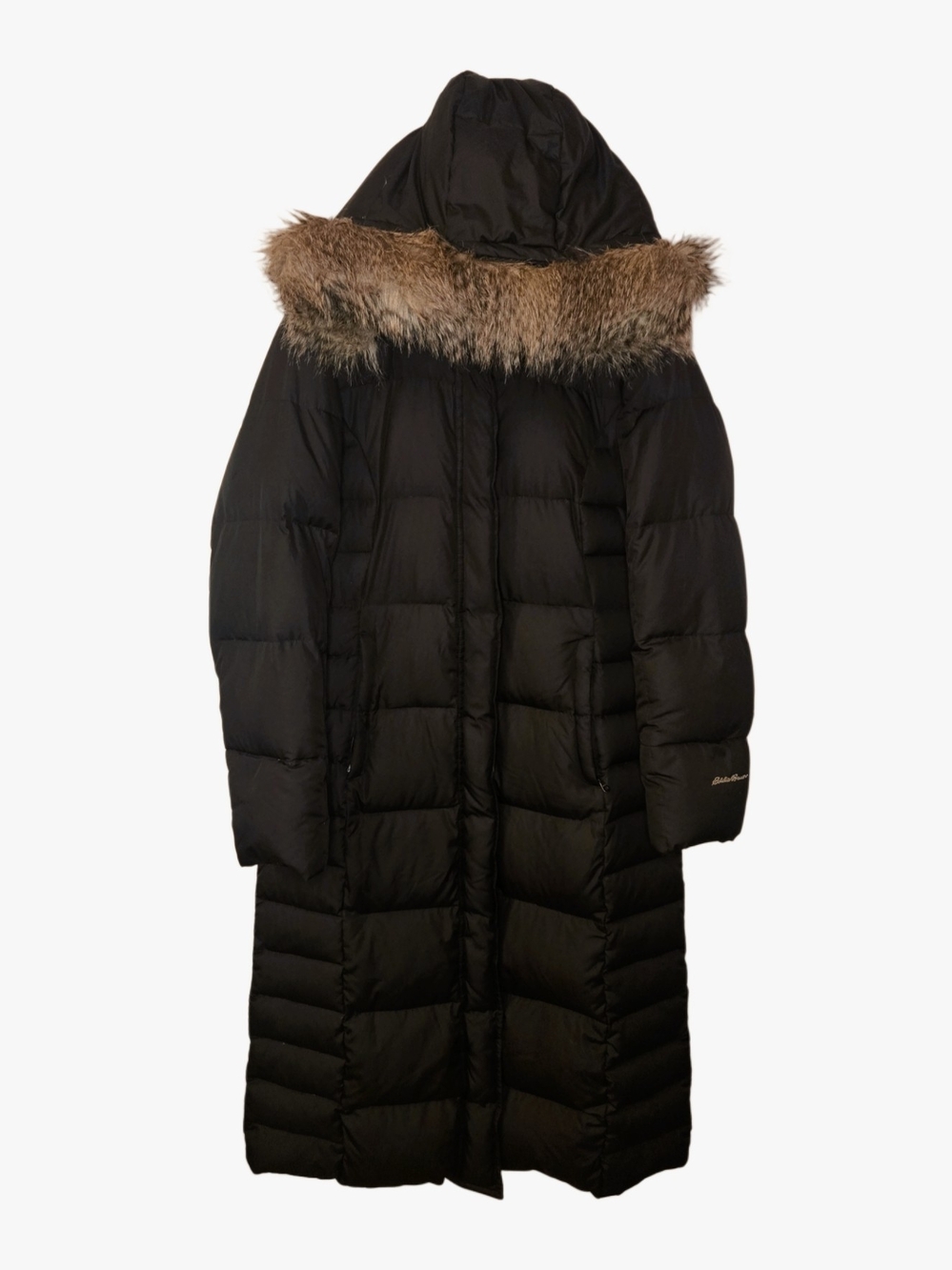 Eddie Bauer Long Black Down Puffer Coat with Faux Fur Hood!